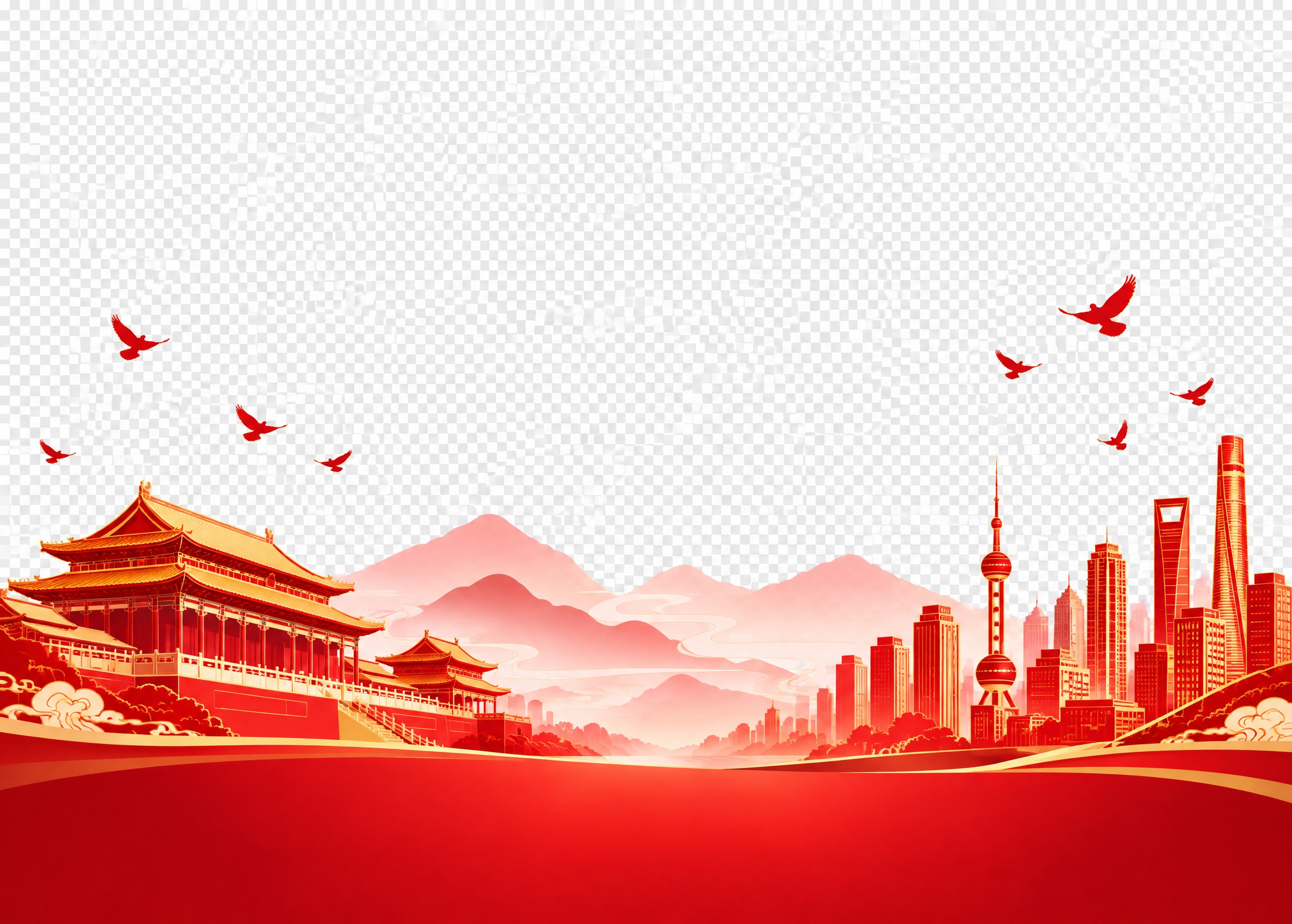 红金扁平插画风格，城市建筑天际线装饰图，底部是红色渐变地面，左… - 图片创意预览