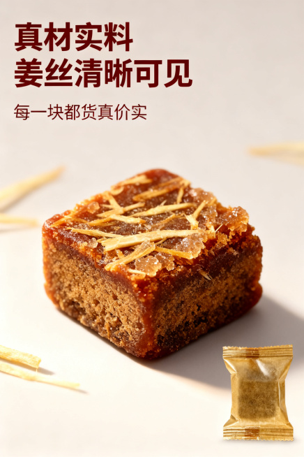 [第3屏] 红糖姜丝质地特写屏，远方安选姜丝红糖细节展示。禁止改动原有产品包装。本屏使用【图2】作为独立包装参考。
[氛围/风格] 微距食欲感，真实自然质感，暖调温馨氛围，设计感强。
[元素布局] 画预览效果
