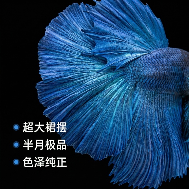 [主图 2] 泰国斗鱼大蓝袍尾鳍细节特写
[氛围/风格] 微距商业摄影，极致真实细节，高级质感
[画面元素] 商业摄影质感、光线柔和通透、产品清晰真实、画面干净高级。保留原图斗鱼半月大蓝袍整体外形，超预览效果