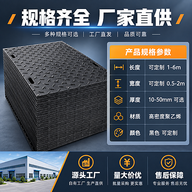 [主图-5] 规格参数与厂家实力图，主题为规格齐全厂家直供，核心任务是展示产品规格信息与工厂实力背书，促进转化成交。
[统一基调] 整体风格为专业工业建材风，背景主色为深灰蓝渐变，标题字色为亮白色，辅助字色为浅灰色，强调色为橙黄色，字体为粗黑无衬线工业字体，字号层级分明，卡片采用直角硬朗边框，图标为线性工业风。
[画面] 画面左侧为产品主体展示，一摞黑色聚乙烯路基板，带有手提孔与防滑纹，外观与输入图一致，略微侧视角度，占画面约50%。右侧为规格参数表格区域，表格列出常用规格参数。画面底部为厂家实力信息条，有工厂厂房缩略图与三个实力标签。背景为深灰蓝渐变，整体干净专业。
[光影质感] 商业产品摄影质感，产品受光均匀，哑光材质表现真实，底部有自然接触阴影，表格区域背景为浅灰色半透明卡片，层次分明。
[配色] 深灰蓝背景，黑色产品，白色标题，橙黄色表格表头与强调项，浅灰色表格内容区，整体配色延续整套视觉体系。
[文字版式] 顶部大标题「规格齐全 厂家直供」。右侧参数表格表头为橙黄色底白字，内容为深灰底白字，表格包含：「长度」「可定制 1-6m」、「宽度」「可定制 0.5-2m」、「厚度」「10-50mm 可选」、「材质」「高密度聚乙烯」、「颜色」「黑色 可定制」。底部实力条三个标签：「源头工厂」「量大价优」「售后保障」，每个标签配一个小图标。所有文字横排，字体统一，表格文字清晰易读。
[输出要求] 比例1:1，2048px*2048px，文字清晰，参数表格规整，产品清晰。负向：产品变形、错字、模糊、水印、平台Logo、表格错乱、颜色偏差。