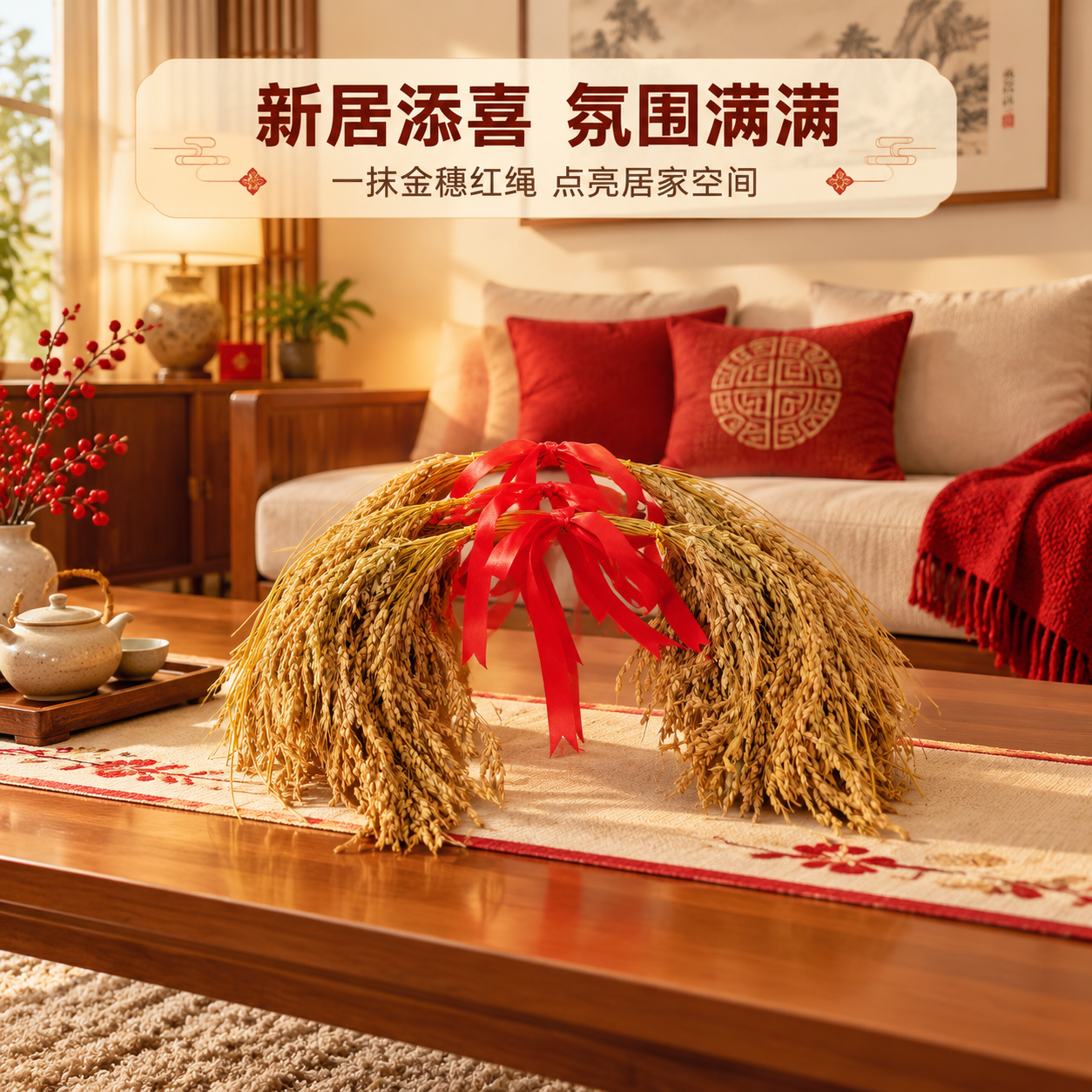 [商品] 使用【图1】【图5】稻穗捆红绳乔迁桌面摆饰；保留产品… - 图片创意预览