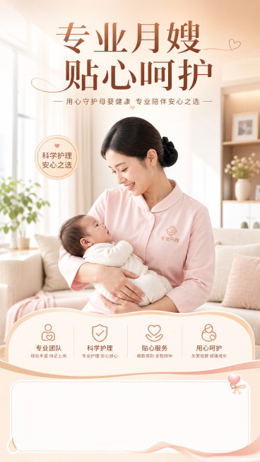 家政月嫂广告宣传图，画面展示专业月嫂温柔微笑着照顾婴儿，背景是温馨明亮的客厅，整体风格温暖贴心，风格简约大气，画面上方有醒目的文案"专业月嫂 贴心呵护"，下方有联系方式预留区域，整体配色柔和温暖，符合预览效果