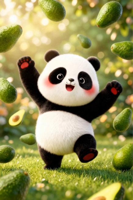 The cute fluffy panda in the center performs a rhythmic, joyful hopping dance, bobbing its head and预览效果