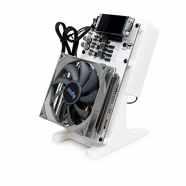 [Main Image 1] Bitaxe NerdQAXE++ 4.8TH Solo Miner full product front view. [Atmosphere Style] Professional tech product photography, clean minimalist look for Amazon. [Quality Requirements] Commercial photography texture, soft even lighting, sharp product details, realistic material, high-end clean look. [Elements] Keep the Bitaxe NerdQAXE++ miner physical structure, material texture, color exactly the same as the input image, no distortion or color difference, fine processing. The product is centered, occupies about 85% of the frame, pure white background #FFFFFF, no additional text or logos, full screen no border. [Lighting] Soft studio lighting from multiple directions, highlight product contours and material texture, no harsh shadows, uniform exposure, clear details. [Color Matching] Pure white background, product original color, high contrast clean look. [Perspective Composition] Front eye-level perspective, product complete, no cropping, deep of field clear. [Text Layout] No additional marketing text, keep only the product itself, compliant with Amazon main image rules. [Proportion Resolution] 1:1 proportion, 4K resolution, ultra high definition. [Negative Prompt] Deformed, watermark, text disorder, blurry product, messy background, extra text, extra logo, non-white background