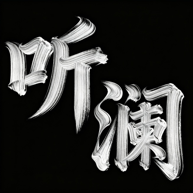 艺术字体“听澜”，笔画扭曲变形、流动，粗细线条交替，具有强烈的动感和设计感，干净的黑色背景，抽象艺术风格，特写视角，营造独特氛围，呈现传奇大师作品风格，整体飘逸灵动预览效果