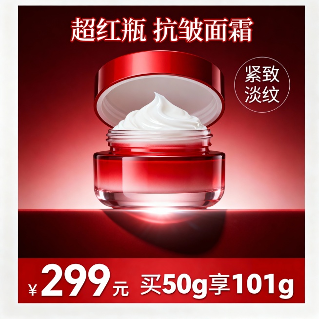 高端美妆电商风格，超红瓶抗皱面霜产品核心功效场景主图。分层布局：顶部核心信息区、中部产品展示区、底部辅助信息区。深红色为主色调，渐变暗红背景，白色高光突出产品立体感。顶部居中“超红瓶 抗皱面霜”主标题预览效果