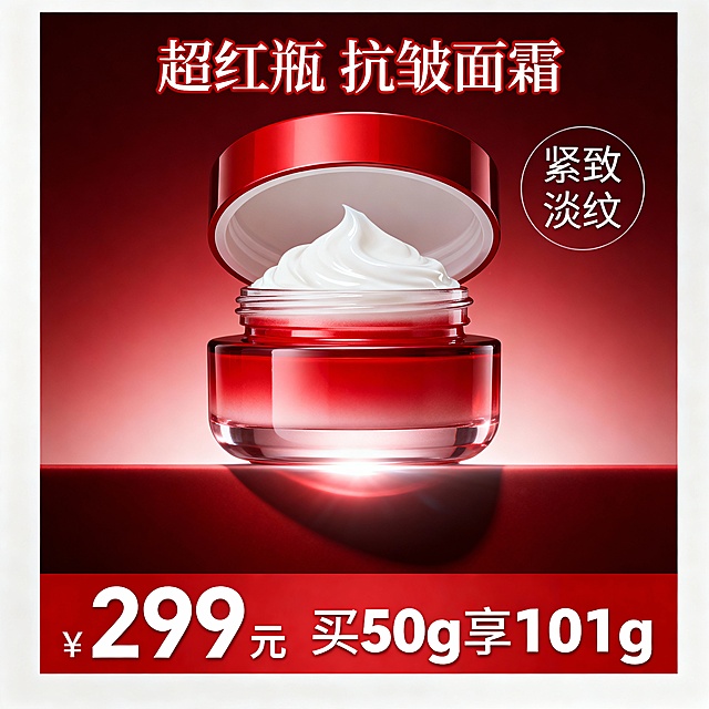 高端美妆电商风格，超红瓶抗皱面霜产品核心功效场景主图。分层布局：顶部核心信息区、中部产品展示区、底部辅助信息区。深红色为主色调，渐变暗红背景，白色高光突出产品立体感。顶部居中“超红瓶 抗皱面霜”主标题，右侧“紧致淡纹”功效标签。中部核心展示开盖面霜，白色膏体展现丝滑质地，瓶身与红色瓶盖搭配，底部添加柔光效果。底部通栏红色背景展示“299元”价格（数字放大加粗）及“买50g享101g”促销信息。主标题用宋体红色描边+白色填充，功效标签用无衬线黑体，价格数字用粗圆艺术体。1:1正方形构图，四周留5%边距，底部通栏高度占15%，产品占比不低于40%