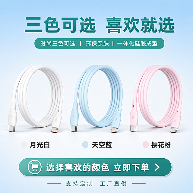 [主图-5] SKU颜色选择与购买决策，展示三色可选款式，帮助用户下单前选择喜欢的颜色。去掉原图中的工厂旗舰店字样。
[统一基调] 淘宝/天猫专业品质风格，科技清新调性，浅蓝渐变背景，主色青绿色，辅助色白色与金色，字体为现代无衬线粗体，圆角卡片样式，整体干净通透有品质感。
[画面] 画面横向排列三条不同颜色的液态硅胶数据线，从左到右依次为白色、浅蓝色、粉色，每条线都盘成整齐的圆形线圈，下方对应标注颜色名称。三条线大小一致，并列展示，方便对比选择。产品占画面约60%。背景简洁，突出产品本身的颜色差异。顶部有标题，底部有选购引导。
[光影质感] 商业棚拍质感，每条线光影一致，均匀柔和的主光，底部有自然投影，液态硅胶材质表现一致，颜色准确还原。
[配色] 背景浅蓝到白色渐变，标题青绿色，颜色标注文字深灰色，三条数据线保持各自真实色彩。
[文字版式] 上方主标题三色可选 喜欢就选，下方每条数据线对应颜色名称：月光白、天空蓝、樱花粉。底部小字支持定制 工厂直供。文字居中对齐，层级清晰。
[输出要求] 1:1正方形，产品颜色准确，文字清晰可读，无变形错字，无水印，无平台Logo，不出现SKU字样。