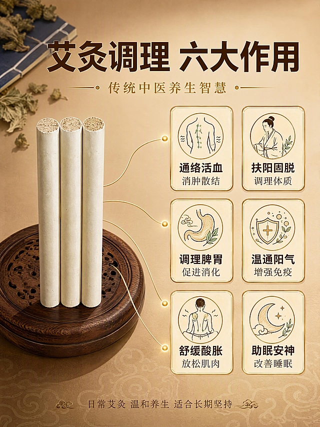 [第3张] 核心功效页-六大养生作用导图解析。本张使用【图1】作为中心产品主体。
[氛围/风格] 中式专业养生感，信息清晰直观，理性说服风格，商业摄影质感。
[元素布局] 画面中央偏左位置竖直摆放3根米白色艾条，艾条切面朝上展示细密艾绒，放置在圆形古朴木质艾灸盒盖上，占画面约35%。以艾条为中心，向右上下扇形展开6条细金色引线，每条引线末端有金色小圆光点定位。引线分别连接到右侧的六个功效图标卡片，卡片为浅米色圆角矩形，带细金色描边，每张卡片内有对应中式线描图标。背景为浅棕色渐变，底部有淡淡的祥云纹理暗纹，左上角隐约可见线装书一角和干艾草叶装饰。保持艾条产品外观与输入产品图完全一致。
[光影质感] 柔和暖光从正上方均匀照射，艾条表面有自然的圆柱高光；底部有柔和投影落在木盒盖上；整体光线均匀明亮，确保文字卡片清晰可读；暖金色调统一。
[配色色系] 全局底色浅棕米色渐变；主色深棕色+暖金色；辅助色米白、艾绒金黄；点缀色艾草绿（小面积图标）。
[视角构图] 平视略微俯视角度，艾条在左，信息卡片在右呈扇形排列；左右分栏构图，左产品右信息；视觉动线从中心艾条向右扩散到各卖点。
[文字版式] 顶部居中主标题「艾灸调理 六大作用」，深棕色粗黑体超大号字；下方金色小字副标题「传统中医养生智慧」。右侧六个功效卡片上下排列两行三列，每张卡片内上图标下文字：第一行「通络活血 消肿散结」「扶阳固脱 调理体质」「调理脾胃 促进消化」；第二行「温通阳气 增强免疫」「舒缓酸胀 放松肌肉」「助眠安神 改善睡眠」。卡片标题深棕色粗体，说明文字深棕色常规体小号。底部居中一行小字「日常艾灸 温和养生 适合长期坚持」，浅棕色细体。
[比例分辨率] 3:4竖版比例，4K分辨率，文字清晰可辨，高清画质。
[负向提示词] 变形，水印，文字错乱，文字过小，缺件错件，结构错误，颜色偏差，产品图模糊，背景杂乱。
