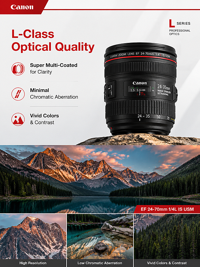 速卖通商品详情页第6屏，竖版3:4，佳能EF 24-70mm f/4L IS USM镜头画质卖点页，英文文案左对齐，文案内容："L-Class Optical Quality
Super Multi-Coated for Clarity
Minimal Chromatic Aberration
Vivid Colors & Contrast"，搭配风景样片展示，佳能红白专业摄影风格，色调统一红白灰，高转换率电商设计，文字清晰可见
