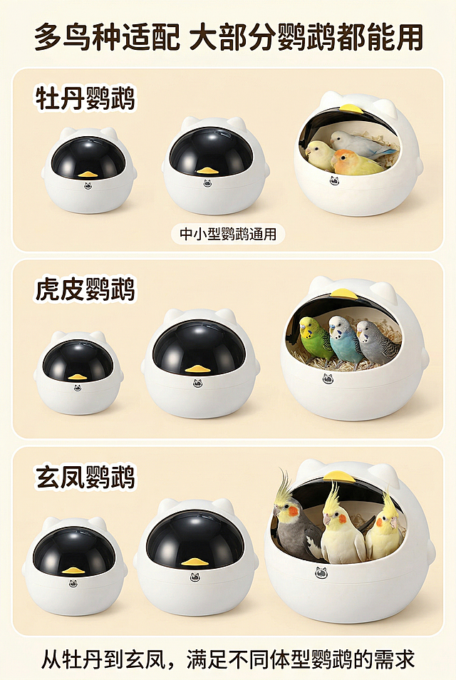 ins简约萌趣风，严格还原鹦鹉太空舱鸟窝，产品比例协调。主视觉为分栏展示不同鹦鹉品种搭配鸟窝的场景，包含牡丹鹦鹉、玄凤鹦鹉、虎皮鹦鹉，标注“中小型鹦鹉通用”，背景为浅米白渐变，清晰呈现适配性。居上放置主标题“多鸟种适配 大部分鹦鹉都能用”，居下放置副标题“从牡丹到玄凤，满足不同体型鹦鹉的需求”，文字采用圆润无衬线字体，排版分栏清晰，适配性一目了然，高清质感。禁止修改产品外观；禁止鹦鹉形象失真；禁止产品比例失调；禁止添加无关元素；禁止风格割裂