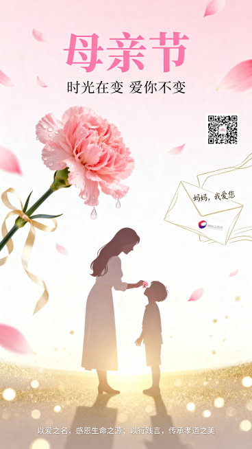温馨治愈的母亲节海报，居中构图，背景是浅粉色到暖白色的柔和渐变，有春日晨光般的温暖氛围。主视觉是母亲的背影剪影，仅轮廓无五官，穿浅色长裙，长发披肩，微微弯腰将粉色康乃馨别在孩子耳边，孩子仅露出小手和侧预览效果
