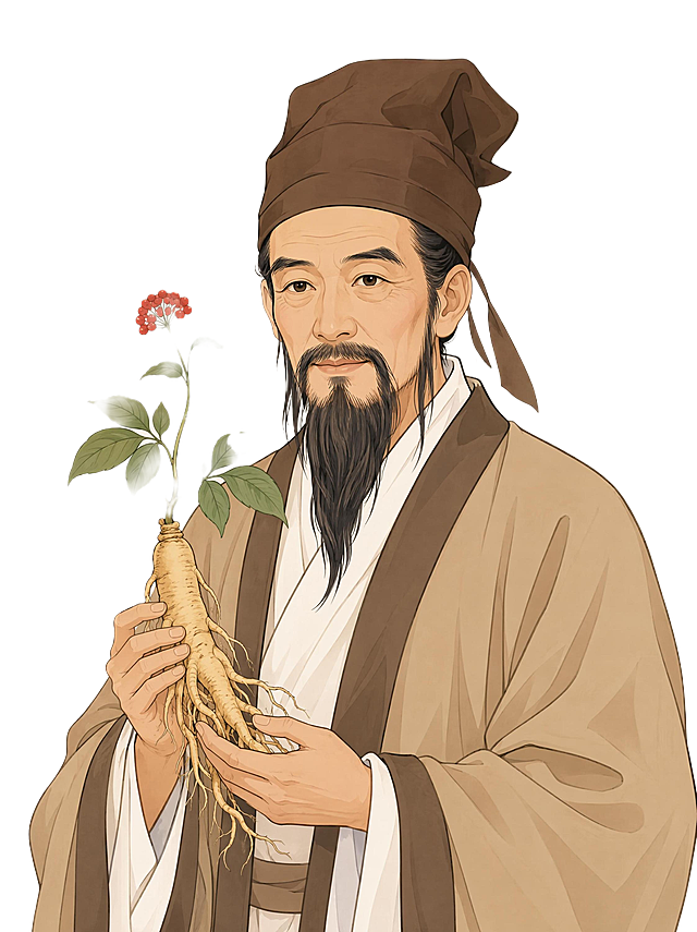 国风扁平插画，古代中医老者半身像，头戴褐色儒巾，身穿浅棕色宽袖古风长袍，内衬白衣，长黑胡须，双手捧着一株带茎叶花朵的人参，简约国风扁平风格，色块干净清晰，高清插画