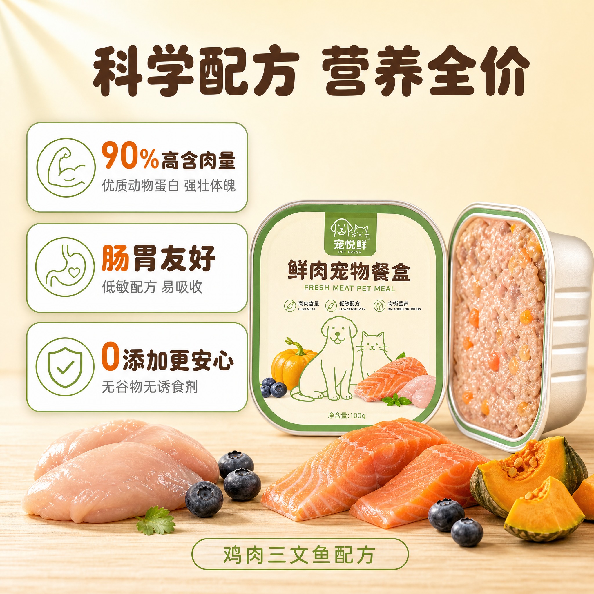[主图-2] 宠物预制菜核心配方卖点图，任务是讲清多效养护与核… - 图片创意预览