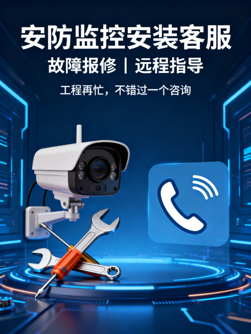 电商宣传海报，主标题"安防监控安装客服"，副标题"故障报修｜远程指导"，卖点"工程再忙，不错过一个咨询"，包含元素：监控摄像头、工具、电话，商务简洁风格，深蓝色科技感背景，文字清晰排版整齐预览效果