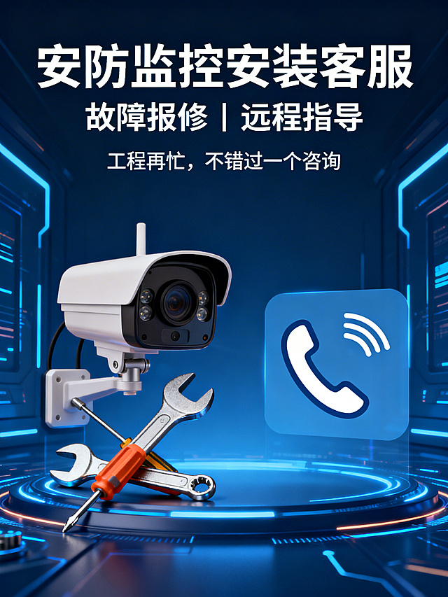 电商宣传海报，主标题"安防监控安装客服"，副标题"故障报修｜远程指导"，卖点"工程再忙，不错过一个咨询"，包含元素：监控摄像头、工具、电话，商务简洁风格，深蓝色科技感背景，文字清晰排版整齐