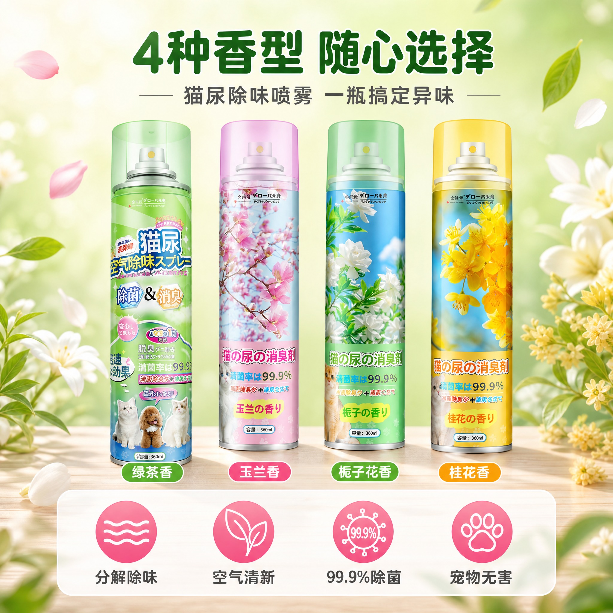 [SKU图-1] 宠物除臭喷雾 四香型各1瓶组合展示 SKU规… - 图片创意预览