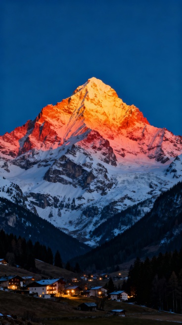 壮丽的雪山景观，山顶被日出的金色光芒照耀，呈现出温暖的橙红色渐变，山体覆盖着厚厚的积雪，岩石纹理清晰可见，山脚下是宁静的村庄，房屋灯火点点，周围环绕着低矮的山脉和茂密的森林，天空呈现出深邃的蓝色，整体预览效果