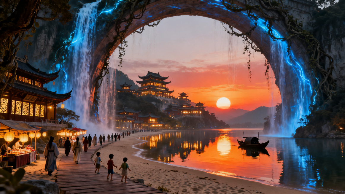 上古东方水幕仙城秘境，霞光下的临水盛景，史诗级中式美学场景，极繁主义细节，极致多层级空间深邃纵深感，兼具恢弘仙气与市井烟火气。对称纵深构图，以湖面倒影与水幕拱为引导线，强化从近景沙滩到远景仙城的多层级预览效果