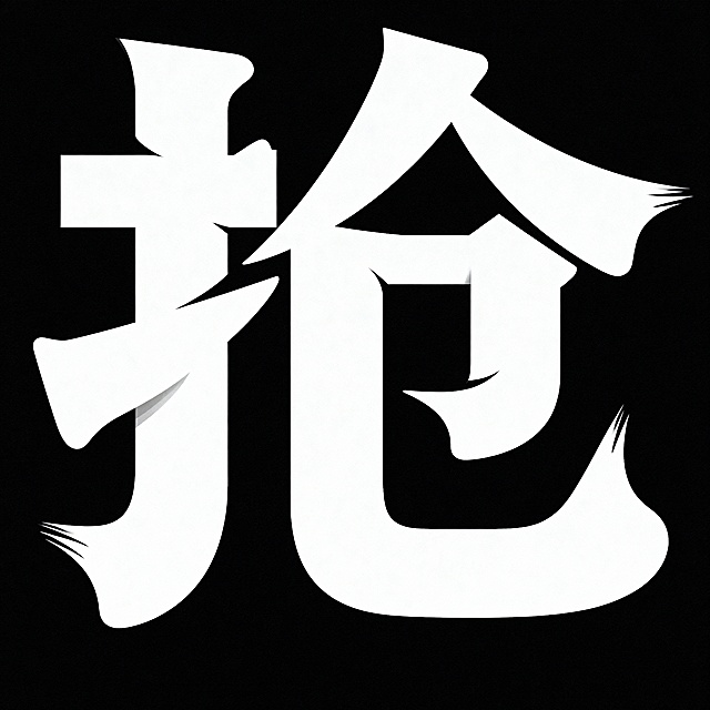 黑底白字，背景干净，创意字体设计“抢”，搭设计灵感: 笔画粗壮大小不一，创造出独特的节奏和动感，线条流畅且有节奏，部分进行连笔处理，笔画修饰，字体大小变化，高级感，扁平化，大师作品