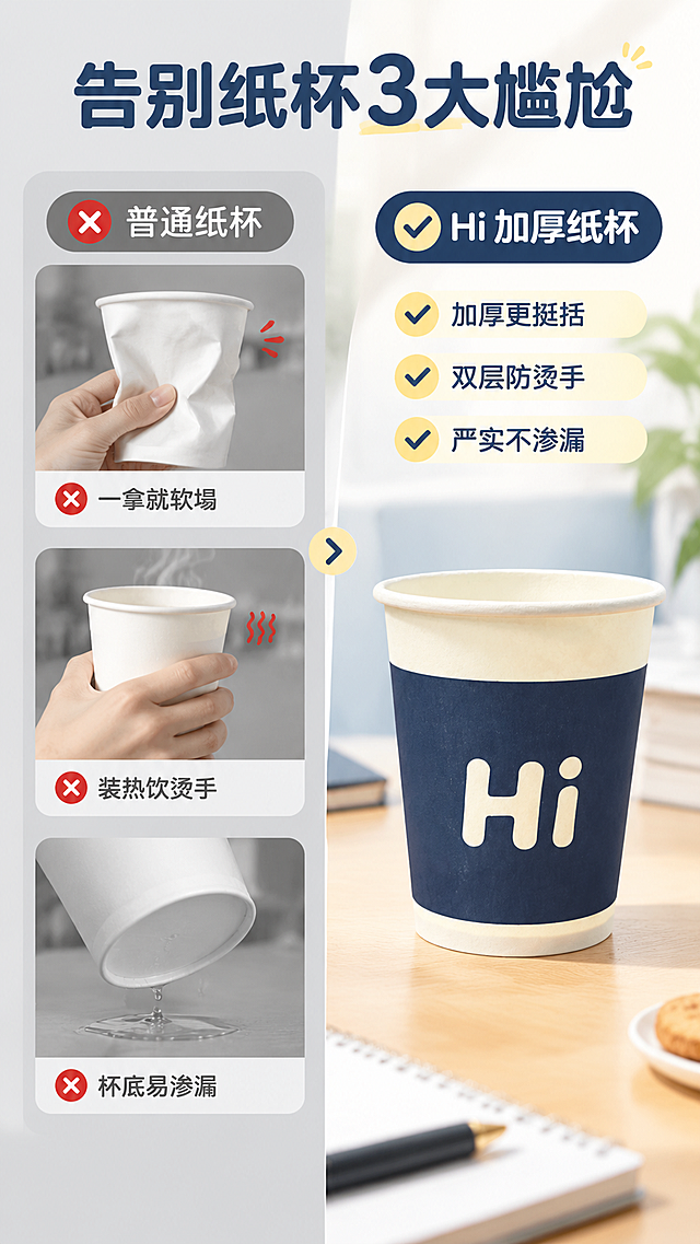 [商品] 使用【图1】藏蓝米白拼色一次性纸杯，保留藏蓝色带、米白杯口杯底、白色Hi字母、卷边结构、纸质材质；修复污渍压痕，杯身挺括干净，不改变外形比例。
[画面] 目标为痛点对比页，左右分栏对比普通纸杯与本品；左侧上半部分展示普通纸杯软塌、烫手、渗漏的3个小场景格（软塌变形/手握发烫/杯底漏水），右侧下半部分展示本品加厚挺立、握持舒适、不渗漏的解决状态，本品纸杯位于右栏主体，占画面约40%；背景左栏为浅灰调痛点氛围，右栏为明亮藏蓝米白主色的正面结果氛围；阅读动线从左到右，从上到下。
[视觉] 套系策略：风格=简约清新商业摄影风，明亮干净办公居家质感；标题字=圆润黑体粗字；正文字=简洁无衬线黑体；主色=藏蓝色+米白色；背景延展=左栏浅灰底配淡红警示感小标签，右栏藏蓝米白渐变底配干净桌面；强调色=暖米黄，仅用于小面积对勾图标与标签；标题色=藏蓝色；正文色=深炭灰；组件=圆角对比卡、细线分隔、对勾/叉号小图标；光影=均匀柔光，右侧产品区略亮。
[文字] 顶部主标题"告别纸杯3大尴尬"，左栏痛点小标题"普通纸杯"配3个痛点短句"一拿就软塌""装热饮烫手""杯底易渗漏"，右栏结果小标题"Hi 加厚纸杯"配3个解决短句"加厚更挺括""双层防烫手""严实不渗漏"，全部文字横向排版，字号清晰手机可读。
[规格] 图片比例9:16竖版，4K，负向提示：避免变形、错字、文字竖排、文字过小、杯身图案改变、夸张恶心污渍、冷蓝灰暗背景、产品软塌失真。