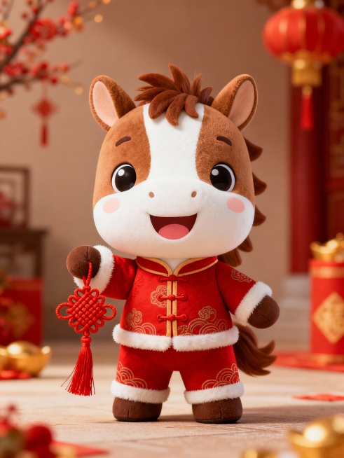为“马”设计品牌IP形象，以萌宠小马为主体，马以咖色和白色为主，拥有新年新中式红色服装，脸上洋溢着幸福的微笑，正对镜头站着手拿中国结预览效果