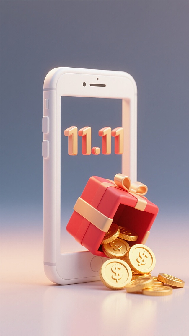 3D风格手机屏幕呈现“11.11”，搭配塑料质感礼盒倾泻金币，金属光泽与重拟物设计融合科技感与喜庆促销氛围。