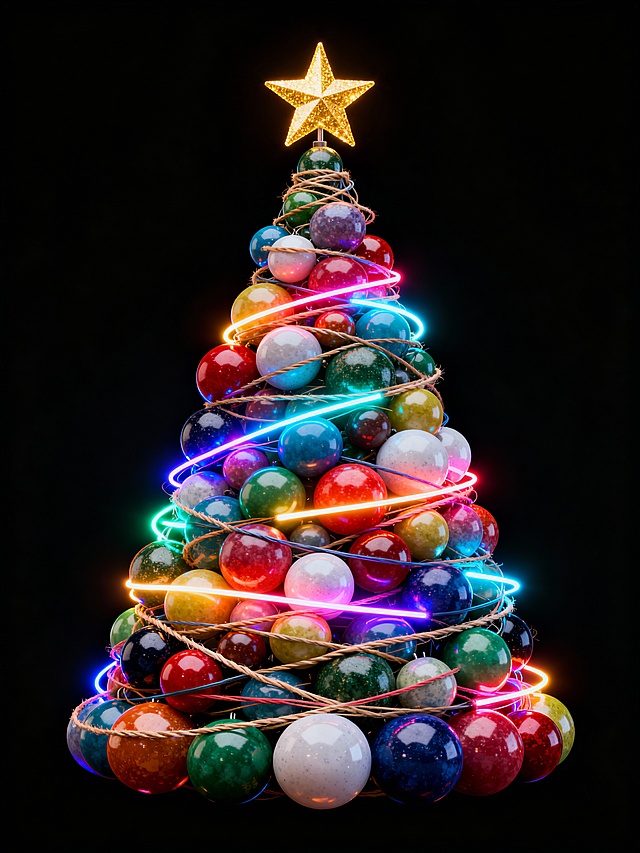 3D风圣诞树，霓虹灯环绕，几何球体堆叠，虚拟现实感十足，喜庆梦幻酷炫交织。