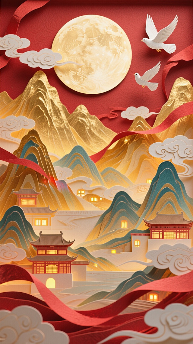一轮巨大的圆月为占据画面中心的特写，底部以工笔风格呈现出全景的金色的山峦叠嶂间呈现古今建筑里万家灯火渐变温暖的光影，祥云装饰，白鸽飞舞，红绸穿绕，红色基底
