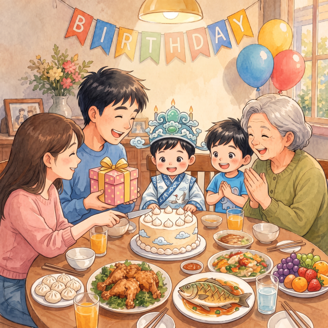 两个小朋友，一个是小仙君，要过生日，蓝色T恤的小男孩是源源，他和自己的奶奶来给小仙君庆祝生日。加上小仙君的爸爸妈妈，他们一起坐在餐桌边，给小仙君庆祝生日。预览效果
