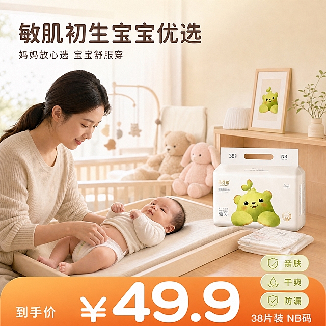 在图片底部添加一个醒目的大价格标识板块。价格板块占据底部约1/5高度，左右贯穿。左侧写小字"到手价"，中间是超大号加粗的"¥49.9"数字，右侧写小字"38片装 NB码"。价格板块背景为暖橙色渐变圆角矩形，文字为白色圆润黑体。价格数字要非常大非常醒目，占价格板块宽度的60%以上。保持原图的所有内容、人物、产品、文字和整体风格完全不变，只在底部叠加这个大价格标识。