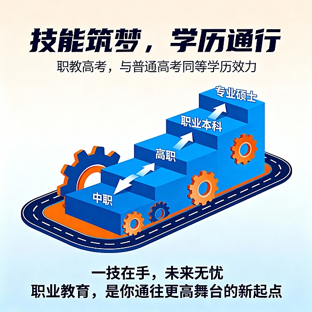 海报一：职教高考 · 未来可期 
副标题：技能成才 本科硕士全线贯通
核心视觉： 
阶梯式成长路径图 + 齿轮/道路融合图形
文案结构： 
主标语： 
技能筑梦，学历通行 
职教高考，与普通高考同等学历效力
路径展示（视觉化箭头）： 
中职 → 高职 → 职业本科 → 专业硕士  
技能筑基 · 专业深化 · 技术集成 · 创新引领
核心信息： 
全日制学历，国家认可  
考公、考研、就业一视同仁  
培养大国工匠与行业专家
底部口号：
一技在手，未来无忧 
职业教育，是你通往更高舞台的新起点
