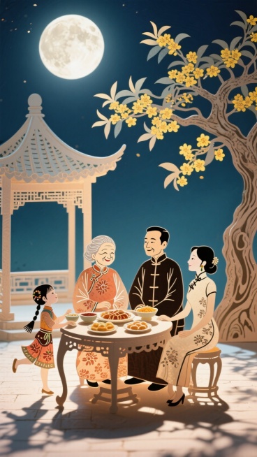 中秋节一家四口（奶奶、爸爸、妈妈、小女孩）聚在一起在凉亭下面吃饭的场景，旁边巨大的桂花树和一轮圆月，月夜氛围预览效果