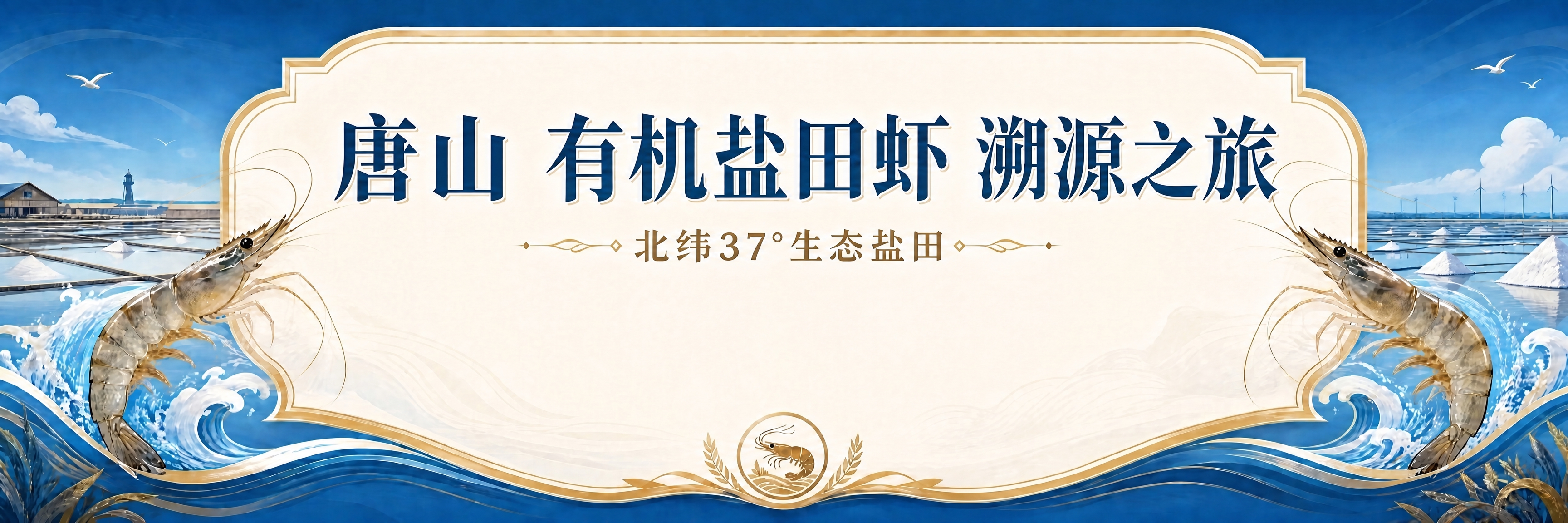 将图片中间的主标题修改为"唐山 有机盐田虾 溯源之旅"，把"唐… - 图片创意预览