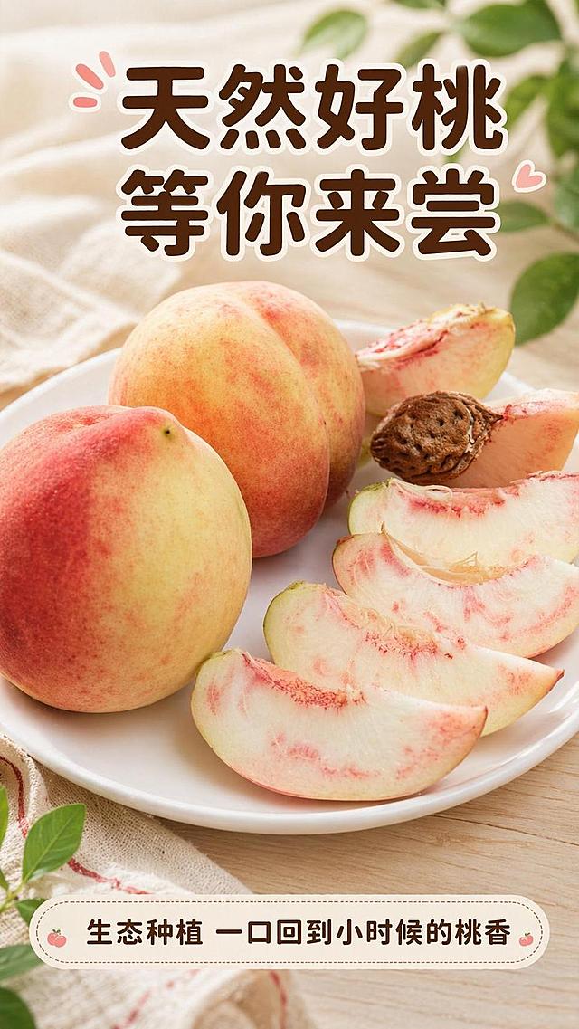 [第8屏] 收尾转化-张兵桃新鲜好桃自然分享场景。本屏使用【图8】作为产品主体展示。
[氛围/风格] 温馨生活场景风，自然有食欲，收尾氛围收束。
[元素布局] 整盘切好的桃子占据画面中心，占比约65%，放置在浅色餐桌背景，周围可搭配干净餐布和绿叶点缀；保留桃子原有切形、果肉颜色和纹理与输入产品图一致。
[光影质感] 柔和室内自然光，果实鲜亮水润，整体干净温馨，明暗自然。
[配色色系] 全局底色 #F5F3F0；主色红色果肉白色盘；辅助色浅木色餐桌，深棕色文字。
[视角构图] 中心构图，桃子拼盘为视觉中心，标题放在上部，落款放在底部。
[文字版式] 顶部主标题「天然好桃 等你来尝」，底部小字落款「生态种植 一口回到小时候的桃香」，圆角粗体居中对齐，字体风格和字色与整套保持统一。
[比例分辨率] 9:16 竖版比例，4K分辨率，文字清晰可辨，高清画质。
[负向提示词] 桃子变形，果肉变色，摆盘混乱，文字错乱，文字过小。