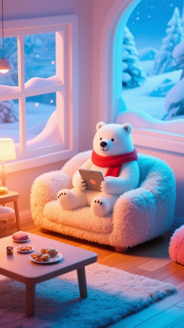 画面主体是一个毛绒绒的懒人沙发，一个毛绒北极熊坐在沙发上，沙发紧紧包裹着北极熊，北极熊戴着红围脖，手里拿着大平板，表情惬意，窗户外面冰天雪地，屋内暖意融融，木质地板，沙发前面的桌子上摆放着北极熊的小零预览效果