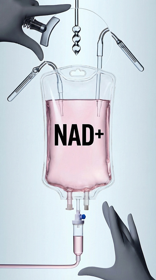 把图中主体换成塑料输液袋，上面写着NAD+，生成5张不同的