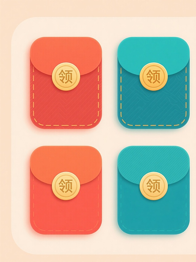 4个不同配色、不同样式、不同材质的「红包」造型，采用上下两行对齐排列，置于浅色背景之上，整体风格为扁平化设计，色彩明快，边缘圆润，红包表面有精致的纹理细节，每个红包中央都有一个圆形的金色印章，印章上刻有“领”字，适合电商营销场景，视觉层级清晰，信息传达效率高，具有现代设计感。