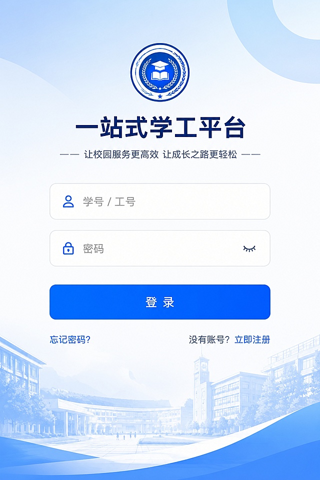 设计一个“一站式学工平台”APP端登录界面，现代简洁的UI设计风格，蓝色主色调，界面顶部显示平台logo和“一站式学工平台”标题，中间有学号/工号输入框、密码输入框，下方有登录按钮、忘记密码和注册入口，整体界面清爽专业，适合校园学生使用，竖版手机界面比例