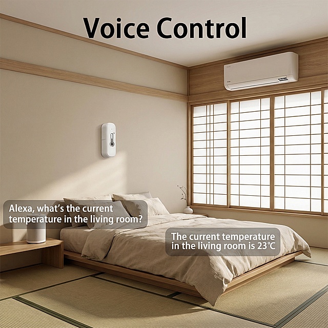 保留图中的温湿度计产品、空调、智能音箱、卧室场景、标题"Voice Control"和对话文字，替换卧室风格为日式简约风，调整产品安装位置，和参考图有明显区别