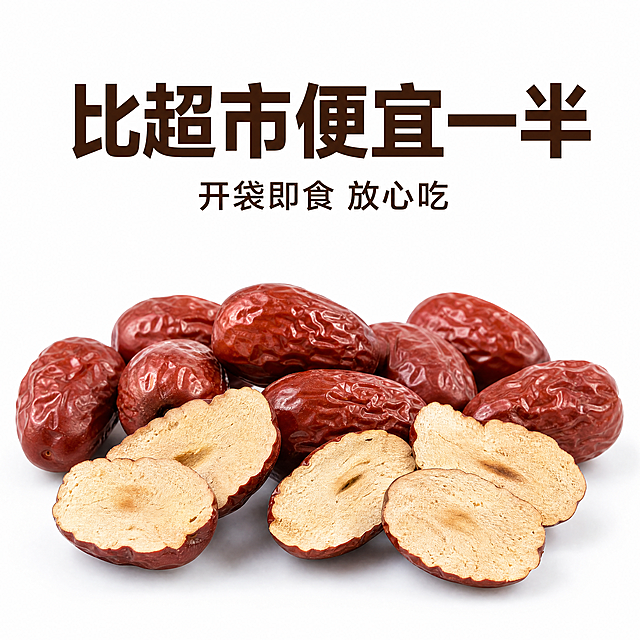 [主图-5] 性价比宣传，白底大字突出价格优势。
[氛围风格] 简洁直接，高性价比，干净放心。
[画质] 商业摄影质感、光线柔和通透、产品清晰真实、画面干净高级。
[元素] 干净浅色白底，底部摆放几片去核红枣片展示，保持红枣暗红自然颜色，切片特征和【图4】一致，占据画面下半部分约40%区域，上半部分大面积留白突出主文案，商品主体占比严格控制在60%-80%之间，画面满屏无边框。
[光影] 均匀柔和顶光，整体明亮干净，红枣纹理清晰可见，光影过渡自然，突出文案主体。
[配色] 背景干净纯白色；红枣自然暗红色；文字深棕色大字，对比清晰，干净协调。
[视角构图] 正方形居中构图，上文案下产品，结构清晰，主体完整不裁切。
[文字版式] 上半部分居中排布，主文案 "比超市便宜一半" 深棕色大字号粗体居中，下方辅助文案 "开袋即食 放心吃" 小号深棕色居中，文字不遮挡红枣主体，清晰易读，简洁有力突出性价比。
[比例分辨率] 1:1 正方形比例，4k 分辨率，文字清晰可辨，超高清。
[负向提示词] 变形，水印，文字错乱，产品图模糊，背景杂乱，违规用词，绝对化宣传。