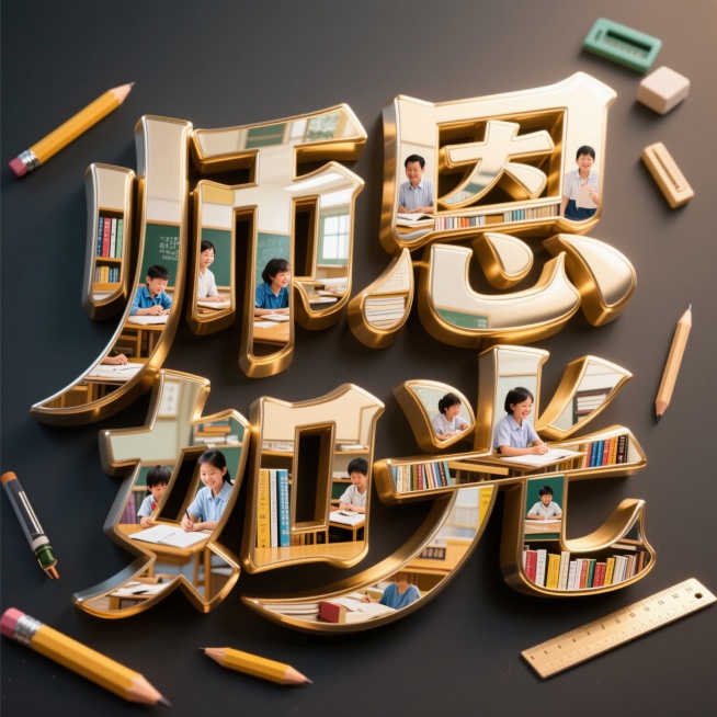 立体字体“师恩如光”，字体内部嵌入教师伏案批注的图片、教室里学生们书声朗朗的图片、各种书籍排列展示的图片、老师和学生欢声笑语的画面，错落内嵌在字体笔画内部，字体横排展示，四周有少量学习用具如铅笔、尺子预览效果