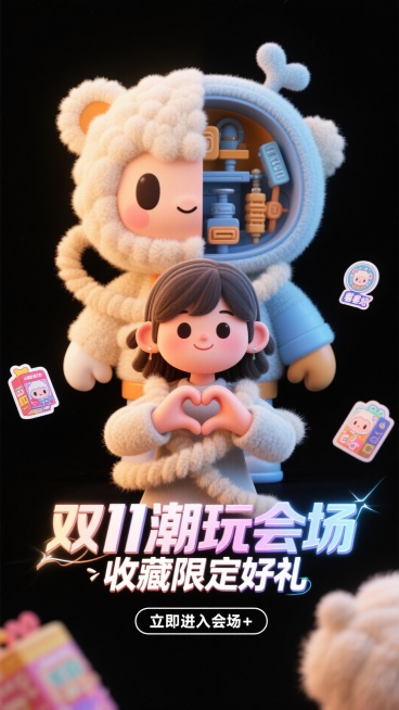 3D风格弹圈，背景为纯黑色，画面中央是3D潮玩女孩角色，双手比心，人物背后是一座潮玩模型半剖面结构，一半为完整外观、一半展示内部零件结构，人物两侧漂浮贴纸、徽章、盲盒包装，前景为标题“双11潮玩会场”预览效果