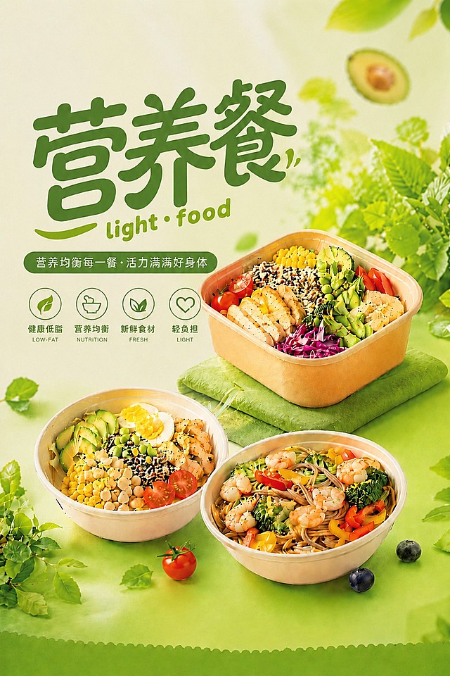 参考原图绿色清新轻食风格，保留竖版60*90尺寸，将副标题“营养均衡每一餐·低脂美味好生活”修改为“营养均衡每一餐·活力满满好身体”，保持原有字体、颜色和排版不变，其余内容保留
