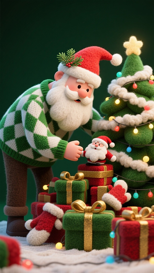 软3D风格圣诞场景，毛发生长质感的圣诞老人与迷你玩偶互动，搭配粘土风礼物与彩灯，营造喜庆温馨的节日氛围。