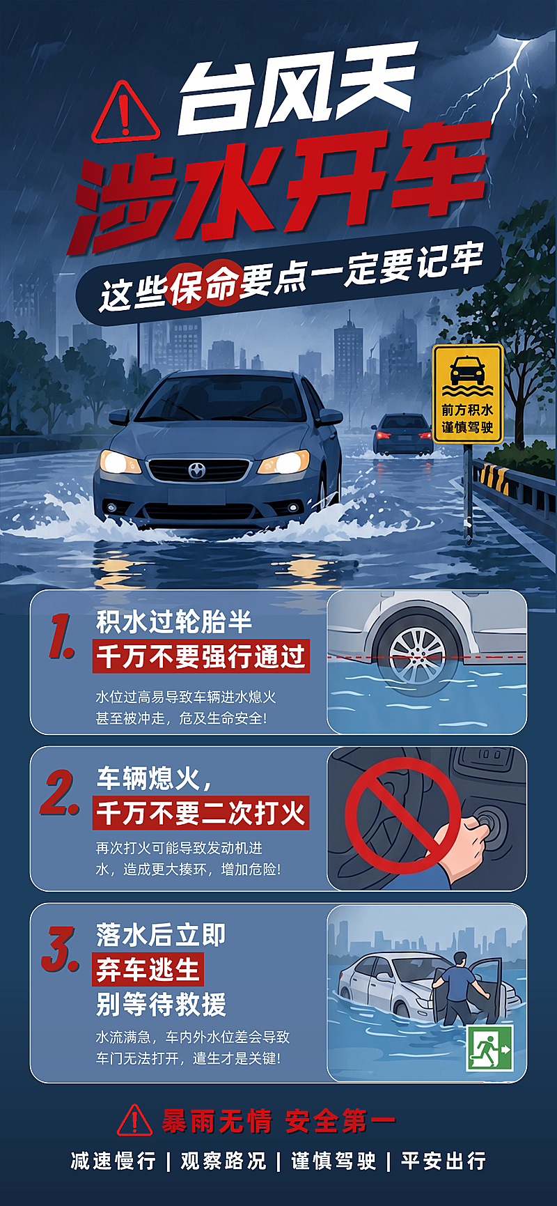 台风天涉水开车保命要点注意事项全屏海报