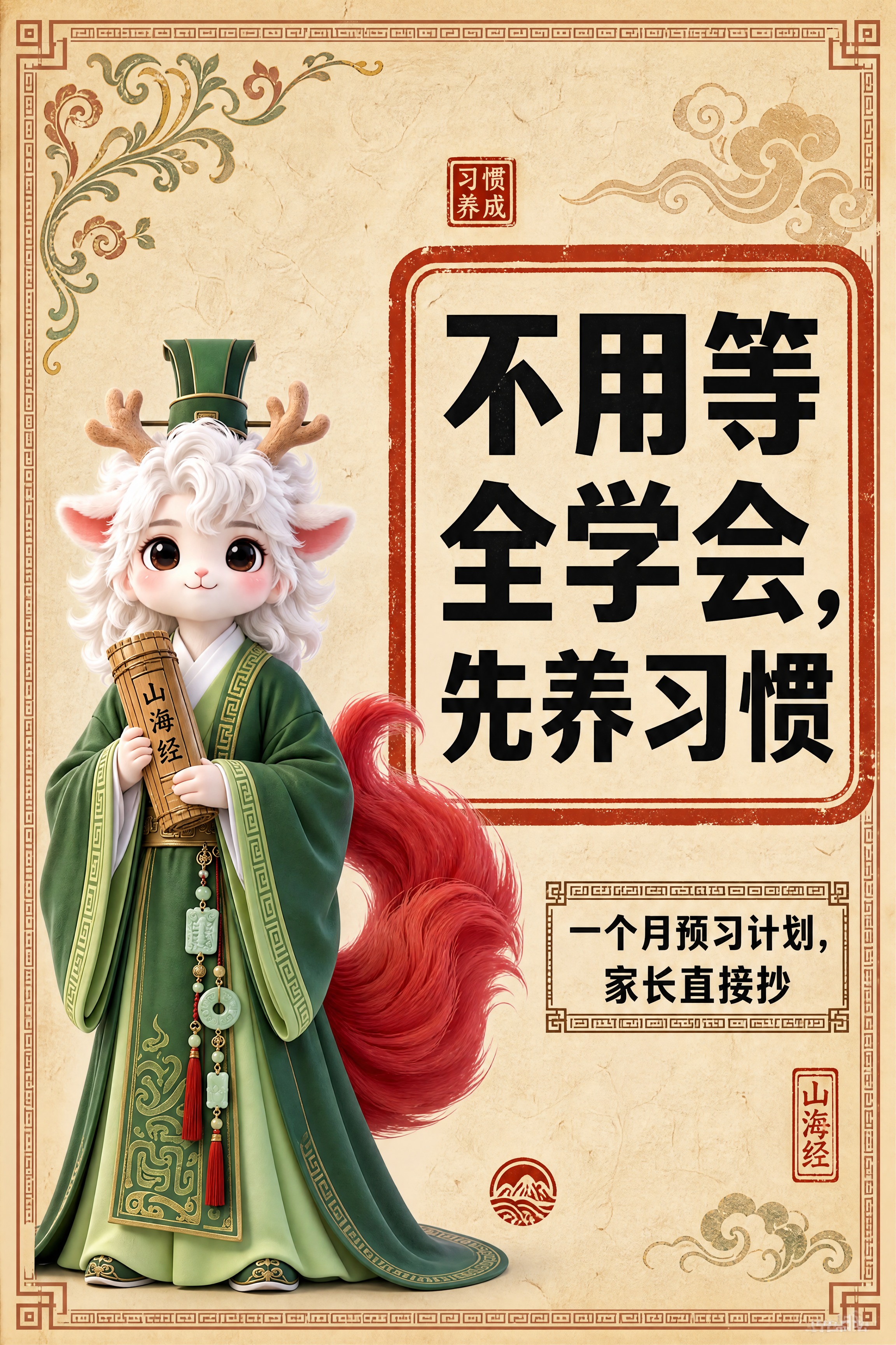 小红书笔记大字封面，配图大字，国风山海经风格，米黄色宣纸纹理背… - 图片创意预览