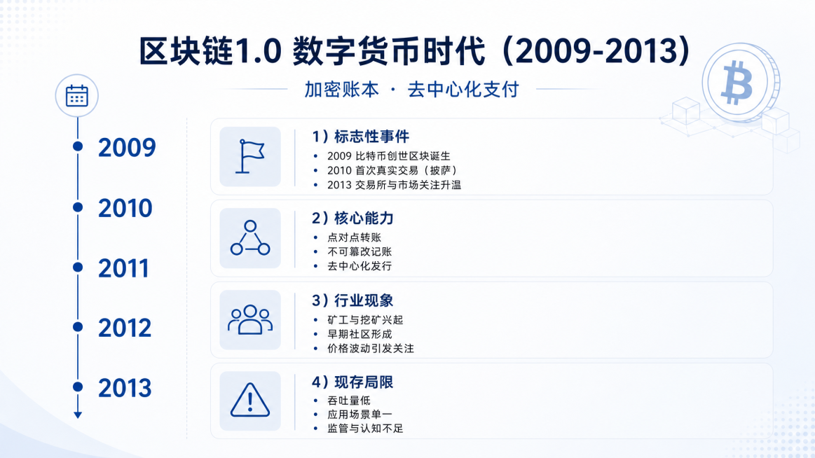 PPT第2页，主题区块链1.0 数字货币时代（2009-2013），核心定位加密账本 · 去中心化支付，左侧竖版时间轴标注2009-2013，右侧分点列出标志性事件、核心能力、行业现象、现存局限，配极预览效果