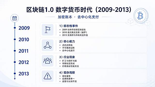 PPT第2页，主题区块链1.0 数字货币时代（2009-2013），核心定位加密账本 · 去中心化支付，左侧竖版时间轴标注2009-2013，右侧分点列出标志性事件、核心能力、行业现象、现存局限，配极简比特币图标，商务简约浅色背景，清晰排版