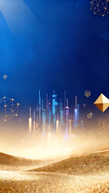 去掉图中的半透明白色方块，用方块周边的科技城市建筑、金色沙砾背景自然填充，保持原本的蓝金科技风格，所有原有元素（几何图标、城市线条、金沙效果）完整保留，衔接自然无违和感。预览效果